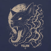 Close-up of Moonfire Cat T-Shirt artwork on Navy