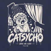 Close-up of Catsycho Cat T-Shirt artwork on Navy
