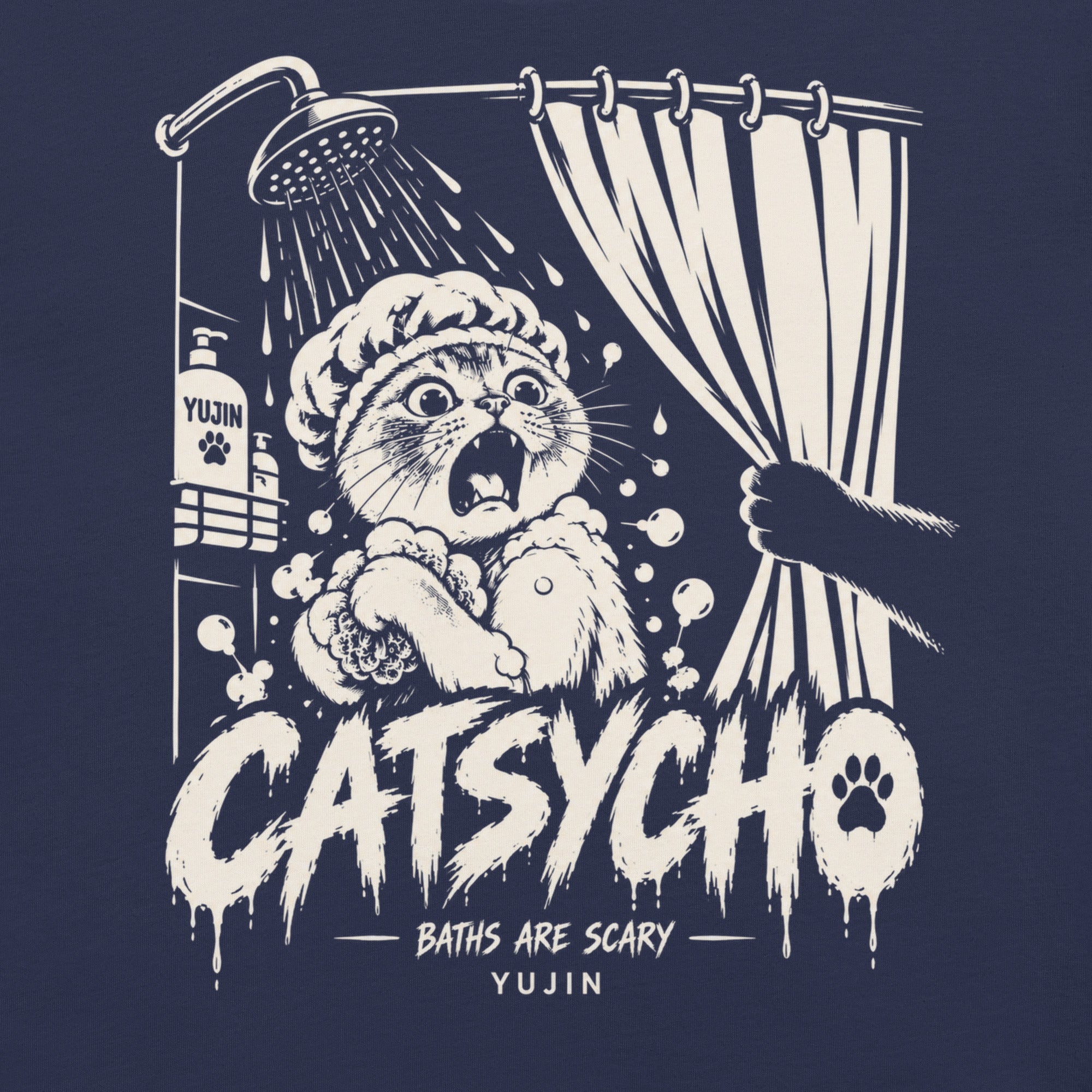 Close-up of Catsycho Cat T-Shirt artwork on Navy