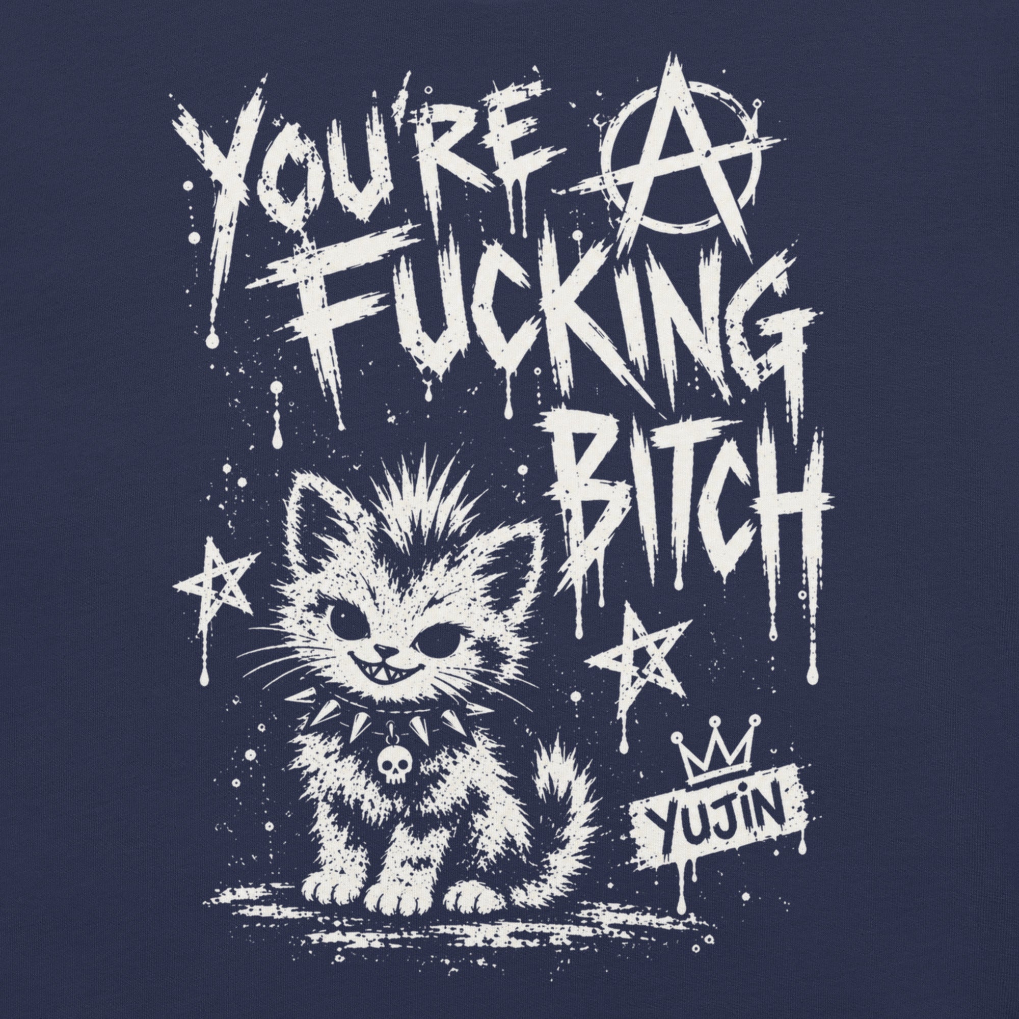 Punk Attitude Cat T-Shirt in Navy — original front print closeup
