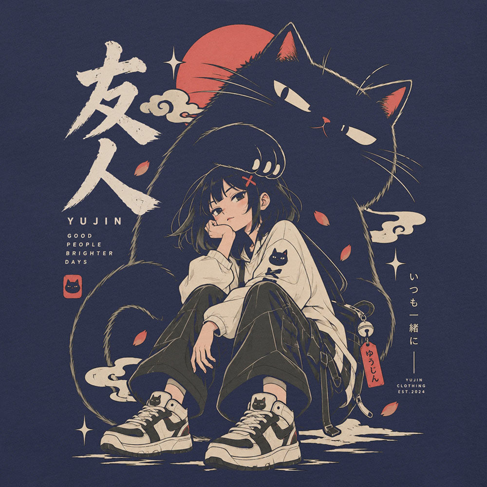 Close-up of Brighter Days Cat T-Shirt artwork on Navy