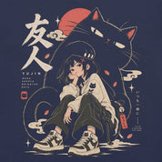Close-up of Brighter Days Cat T-Shirt artwork on Navy