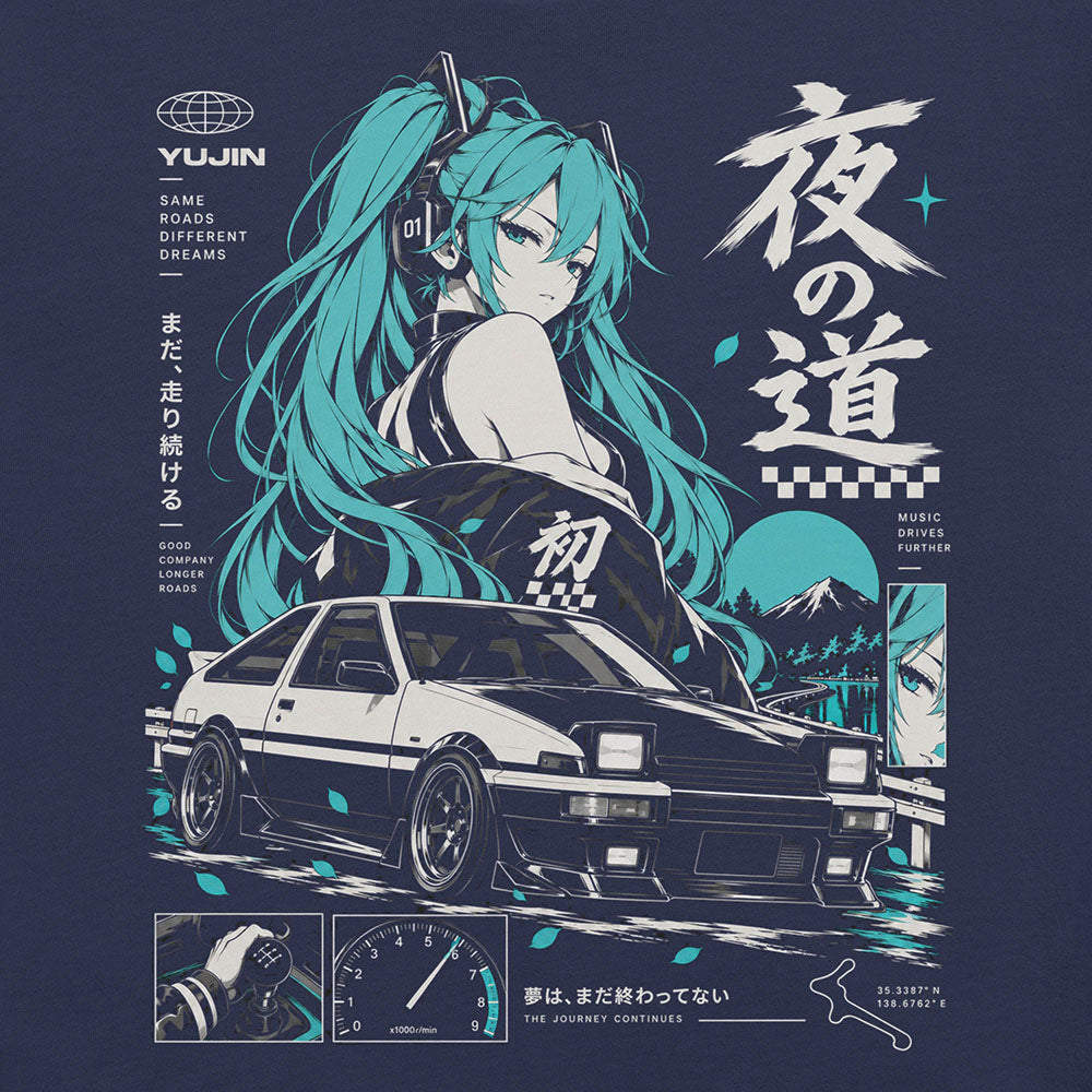 Close-up of Teal Driver Car T-Shirt artwork on Navy