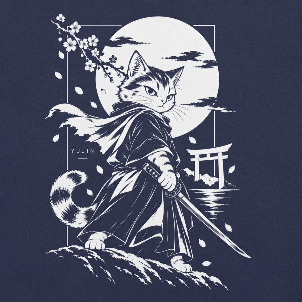 Close-up of Moonlit Samurai Cat T-Shirt artwork on navy