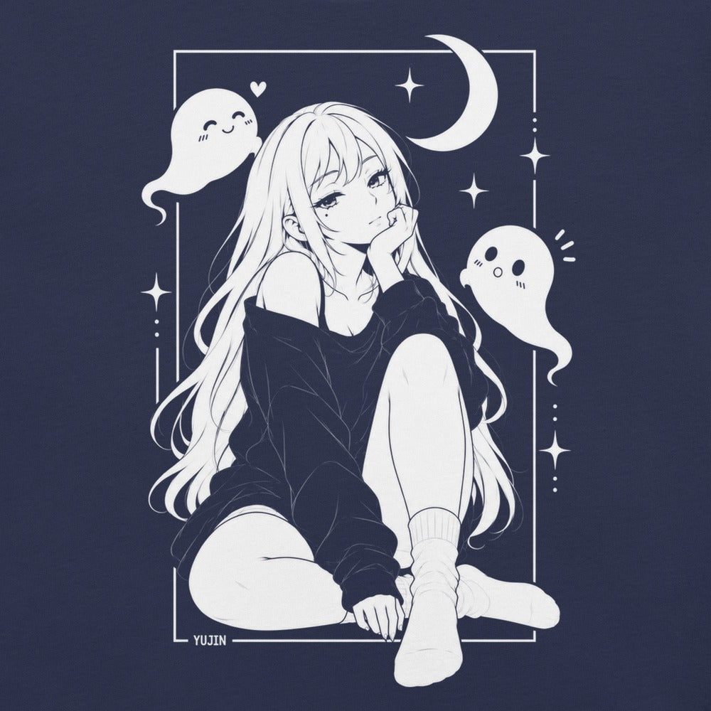 Close-up of Moonlit Nightscape Anime T-Shirt artwork on navy