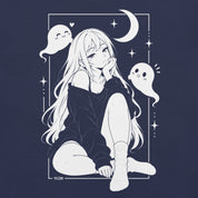 Close-up of Moonlit Nightscape Anime T-Shirt artwork on navy