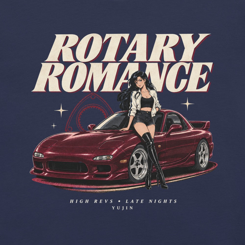 Rotary Romance Car T-Shirt — Navy Printful front closeup