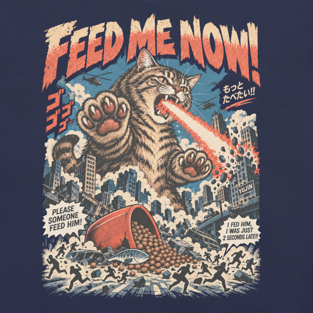 Close-up of Feed Me Now Cat T-Shirt artwork on Navy
