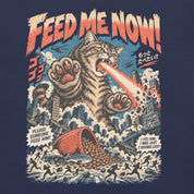 Close-up of Feed Me Now Cat T-Shirt artwork on Navy