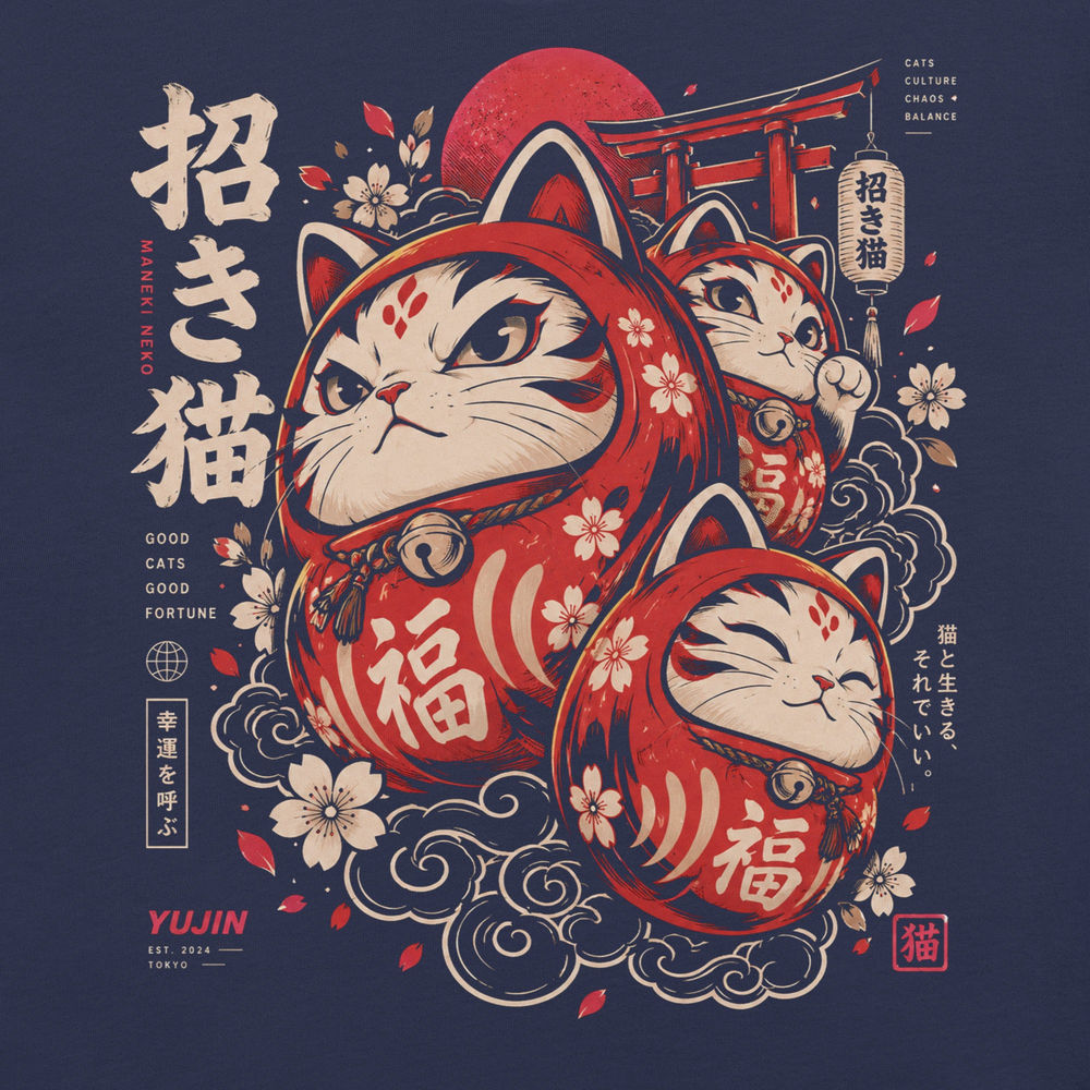Close-up of Good Fortune Maneki Cat T-Shirt artwork on Navy