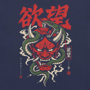 Close-up of Desire Has Teeth Oni Snake T-Shirt artwork on Navy
