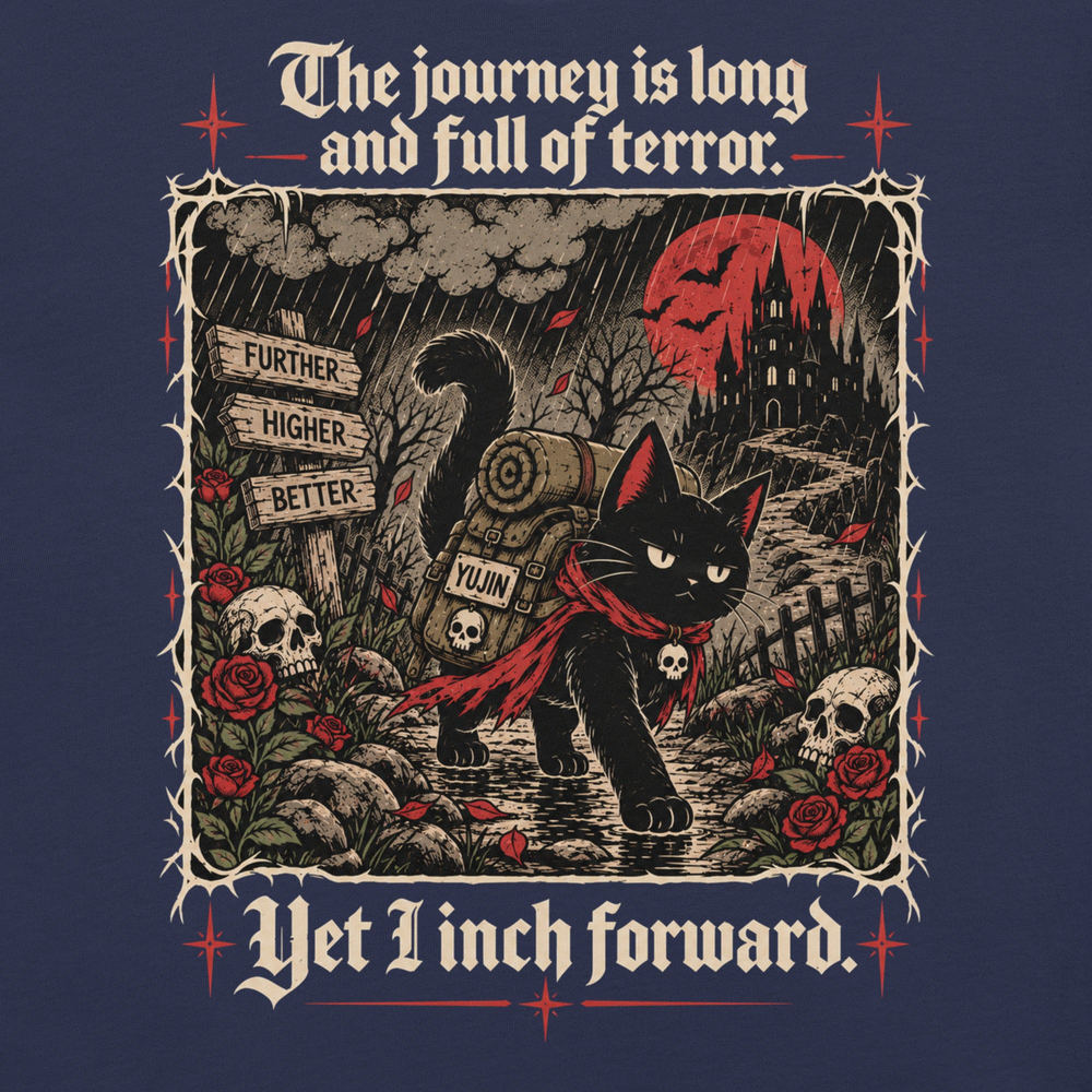 Close-up of Yet I Inch Forward Cat T-Shirt artwork on Navy