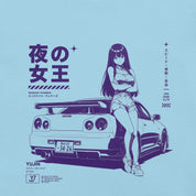 Close-up of Midnight Queen Runners Car T-Shirt artwork on Ocean Blue
