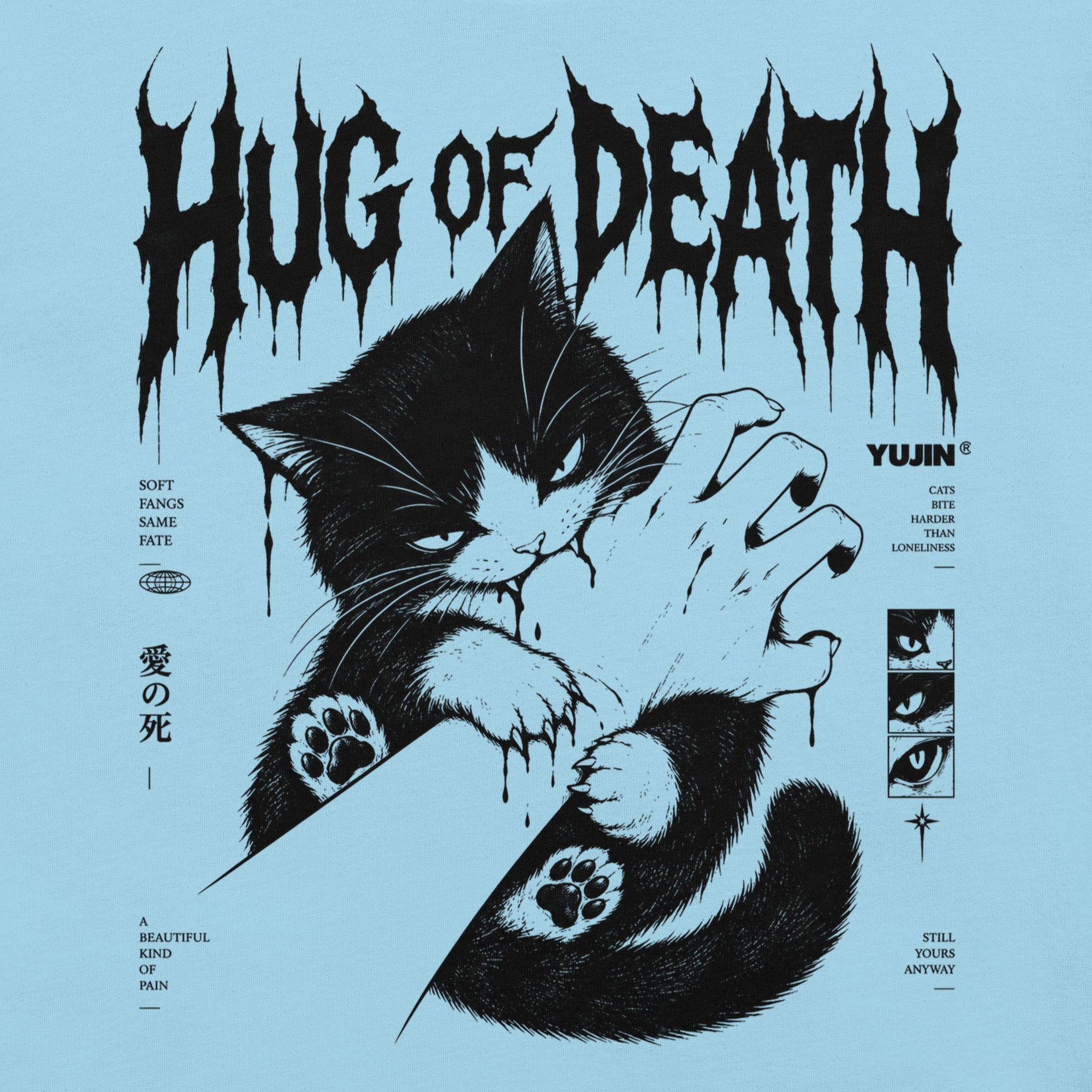 Close-up of Hug of Death Cat T-Shirt artwork on Ocean Blue