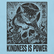 Close-up of Kindness Is Power Cat T-Shirt artwork on Ocean Blue