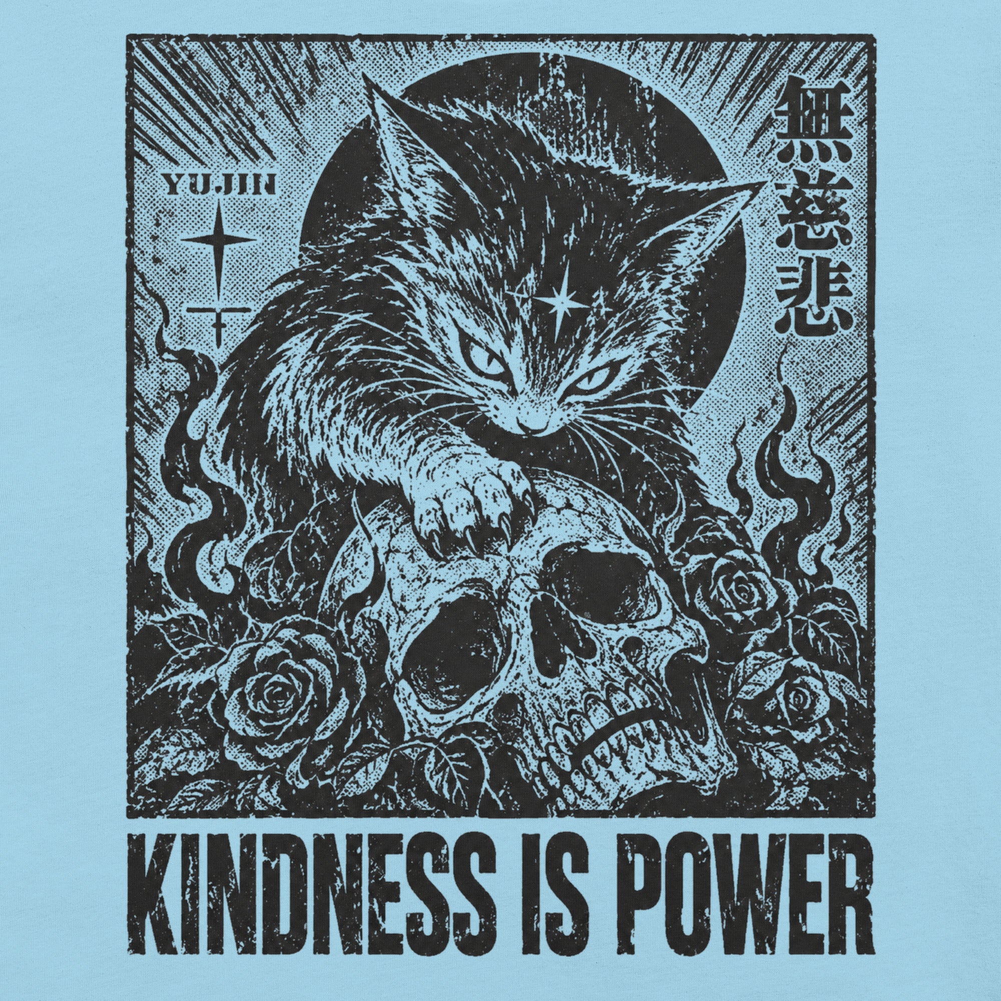 Close-up of Kindness Is Power Cat T-Shirt artwork on Ocean Blue