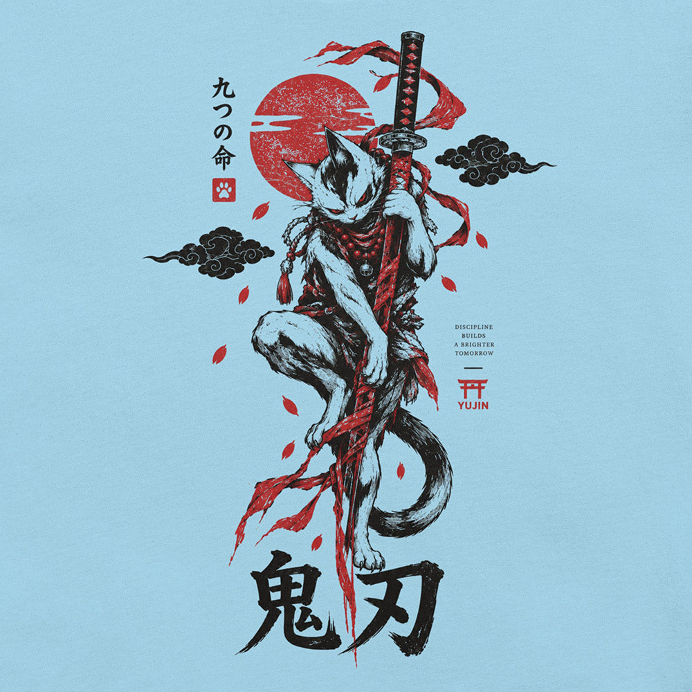Close-up of Nine Lives Ronin Cat T-Shirt artwork on Ocean Blue