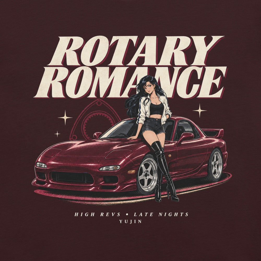 Rotary Romance Car T-Shirt — Oxblood Black Printful front closeup