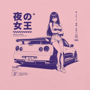 Close-up of Midnight Queen Runners Car T-Shirt artwork on Pink