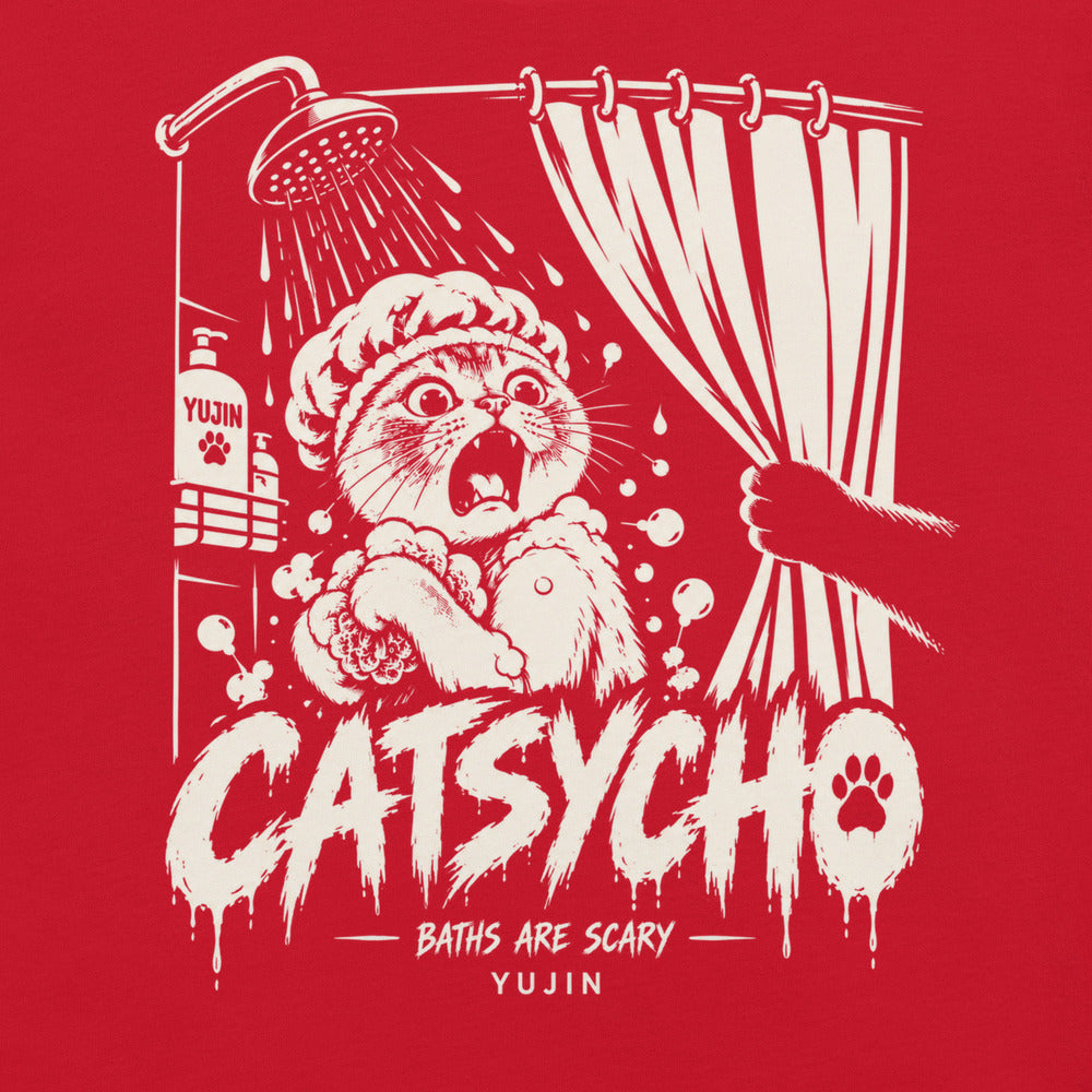 Close-up of Catsycho Cat T-Shirt artwork on Red