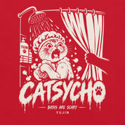 Close-up of Catsycho Cat T-Shirt artwork on Red