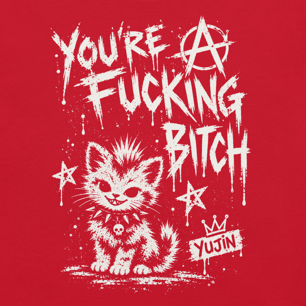 Punk Attitude Cat T-Shirt in Red — original front print closeup