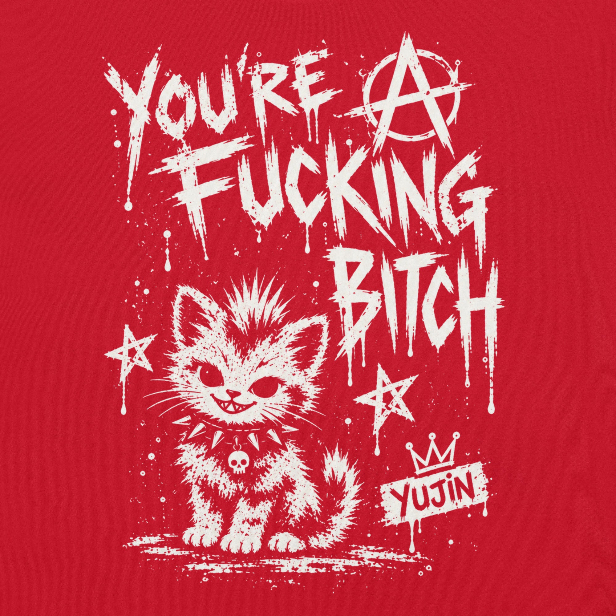 Punk Attitude Cat T-Shirt in Red — original front print closeup