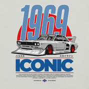 Vintage car illustration with '1969' and 'Iconic' text on a gray background