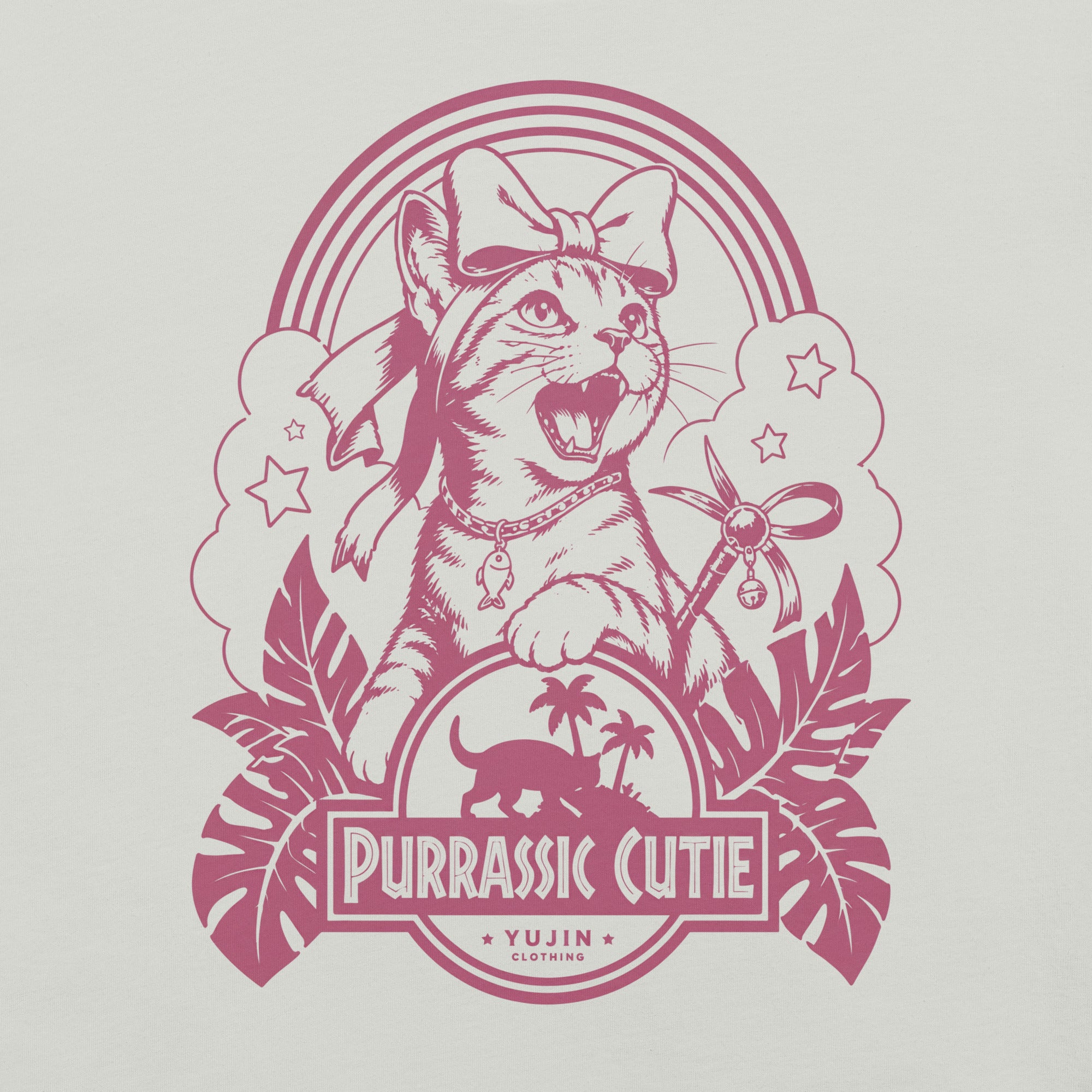 Close-up of Purrassic Cutie Cat T-Shirt artwork on Silver
