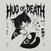 Close-up of Hug of Death Cat T-Shirt artwork on Silver