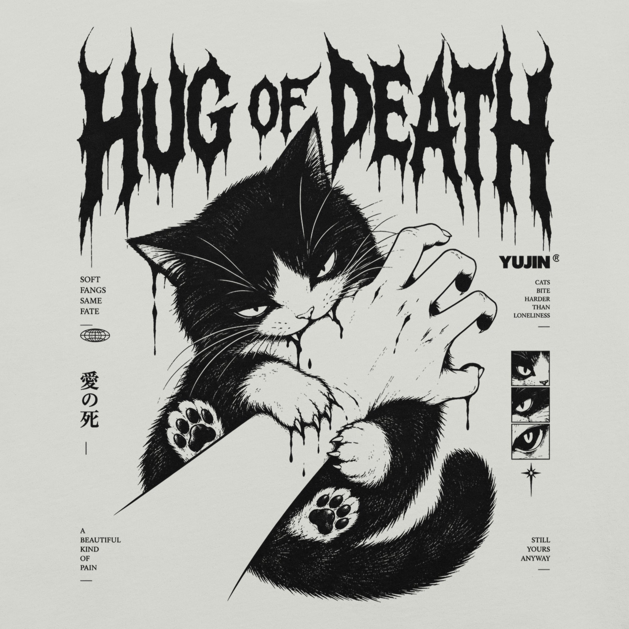Close-up of Hug of Death Cat T-Shirt artwork on Silver