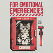 Close-up of For Emotional Emergencies Cat T-Shirt artwork on Silver