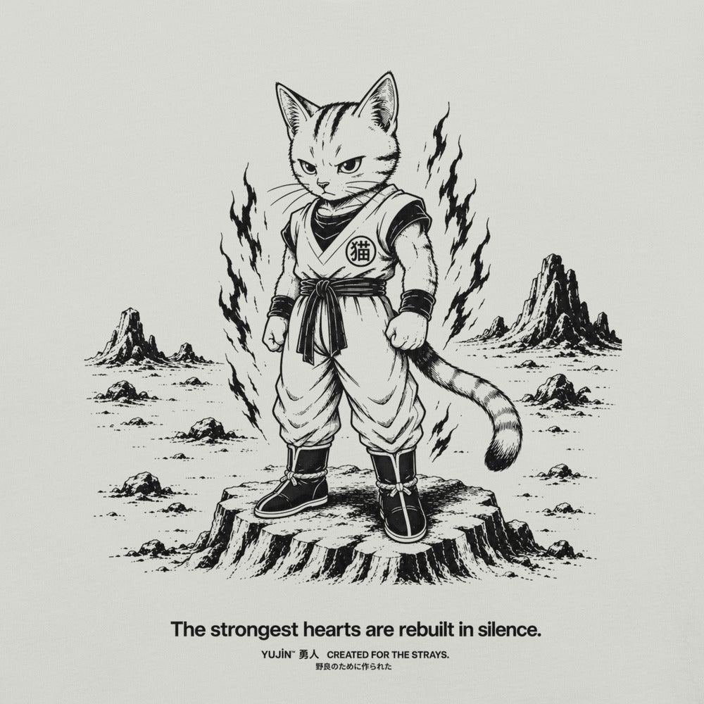 Close-up of Rebuilt in Silence Cat T-Shirt artwork on Silver