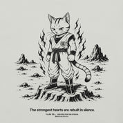 Close-up of Rebuilt in Silence Cat T-Shirt artwork on Silver