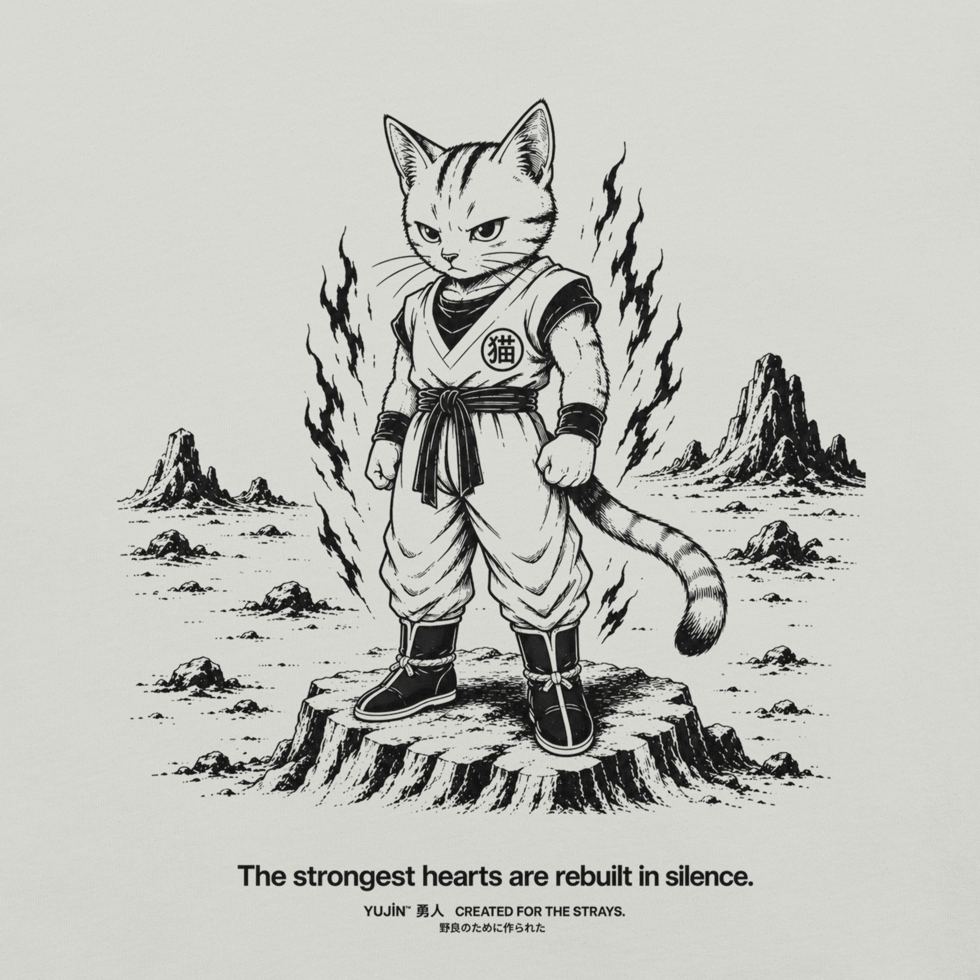 Close-up of Rebuilt in Silence Cat T-Shirt artwork on Silver