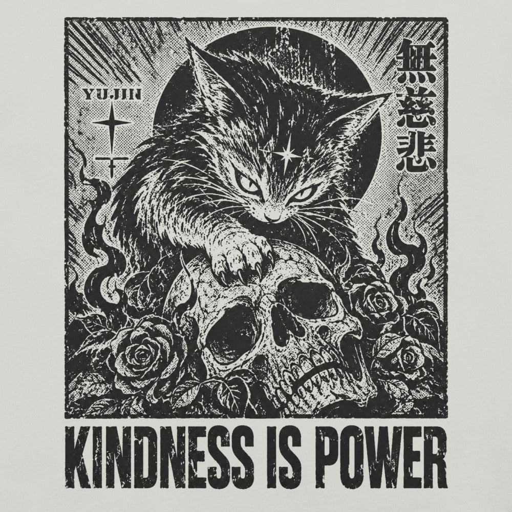 Close-up of Kindness Is Power Cat T-Shirt artwork on Silver