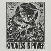 Close-up of Kindness Is Power Cat T-Shirt artwork on Silver