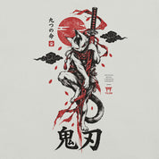 Close-up of Nine Lives Ronin Cat T-Shirt artwork on Silver