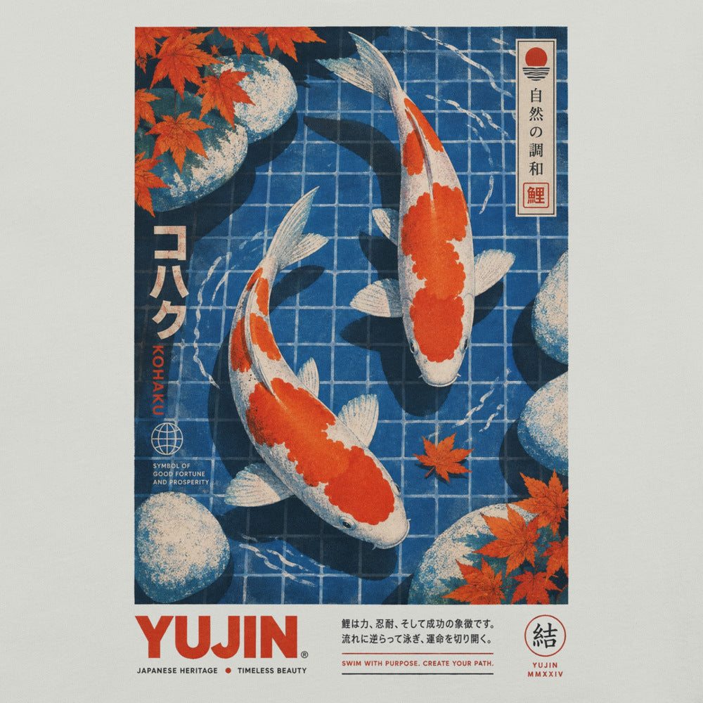 Close-up of Kohaku Koi Fish T-Shirt artwork on Silver