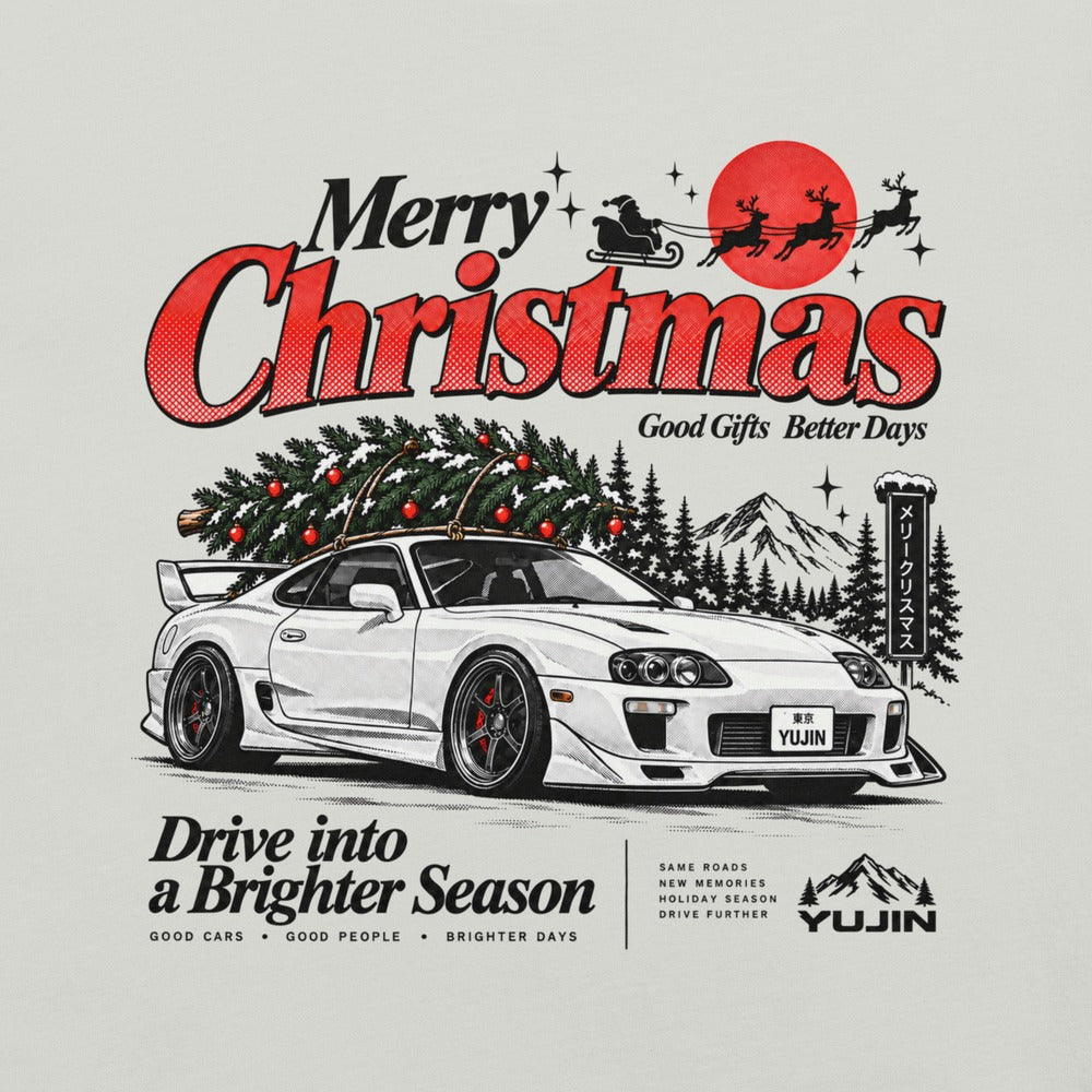 Merry Christmas Retro Car T-Shirt — Silver Printful front closeup