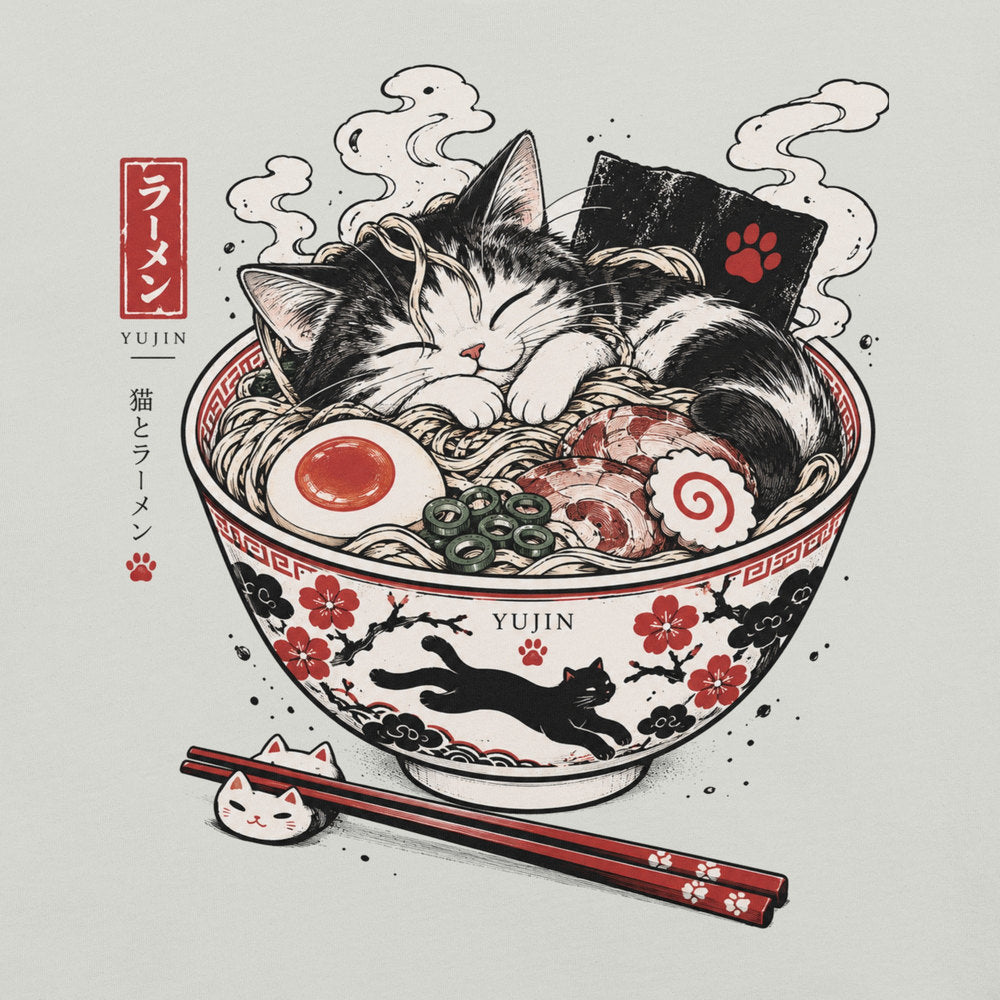 Close-up of Nap First Noodles Later Cat T-Shirt artwork on Silver