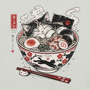 Close-up of Nap First Noodles Later Cat T-Shirt artwork on Silver