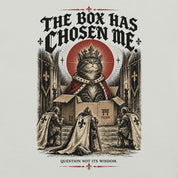 Close-up of The Box Has Chosen Me Cat T-Shirt artwork on Silver