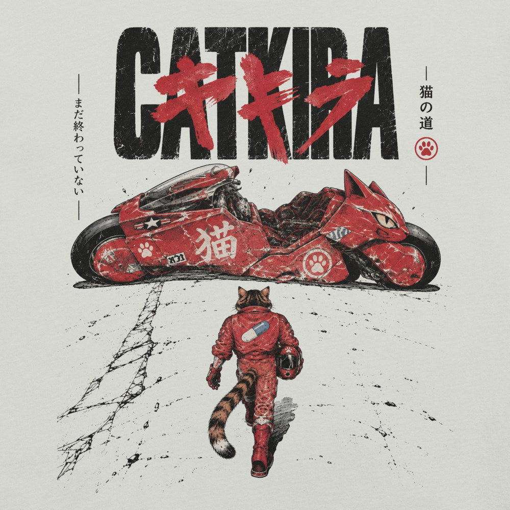 Close-up of Catkira Nine Lives One Road Cat T-Shirt artwork on Silver