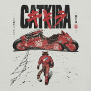 Close-up of Catkira Nine Lives One Road Cat T-Shirt artwork on Silver