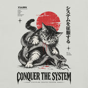 Close-up of Conquer the System Cat T-Shirt artwork on Silver