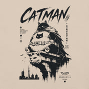 Close-up of the Catman Night Watch Cat T-Shirt artwork on Soft Cream