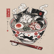 Close-up of Nap First Noodles Later Cat T-Shirt artwork on Soft Cream