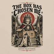 Close-up of The Box Has Chosen Me Cat T-Shirt artwork on Soft Cream