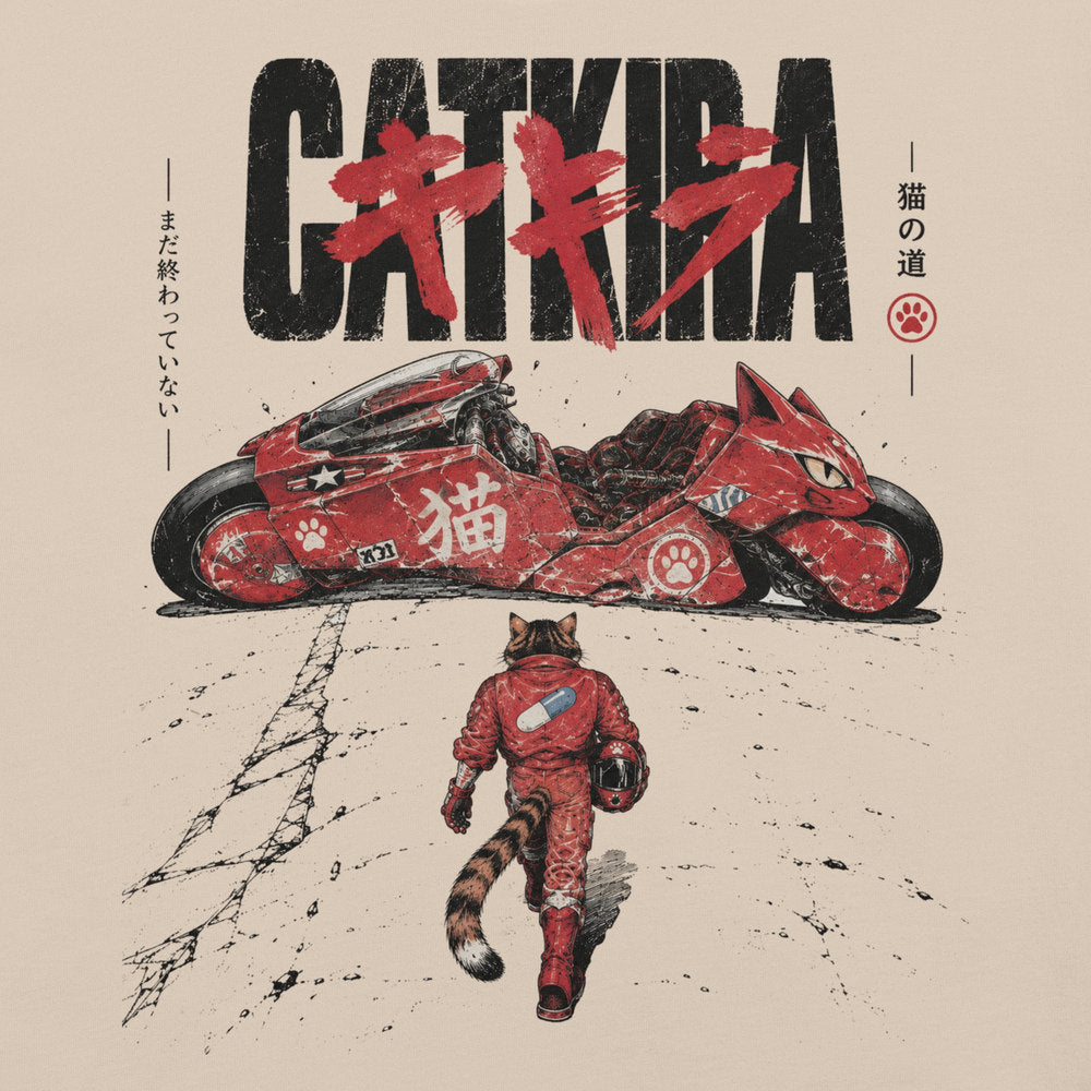 Close-up of Catkira Nine Lives One Road Cat T-Shirt artwork on Soft Cream
